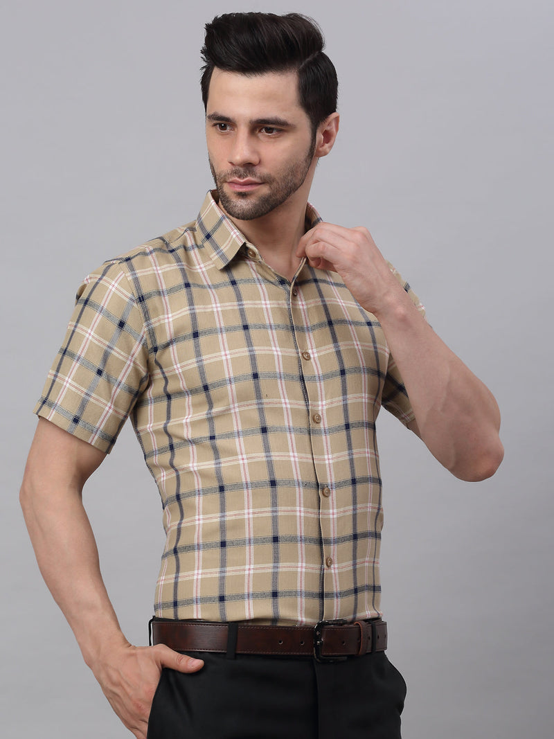 Men's Beige Half Sleeve Checked Formal Shirt