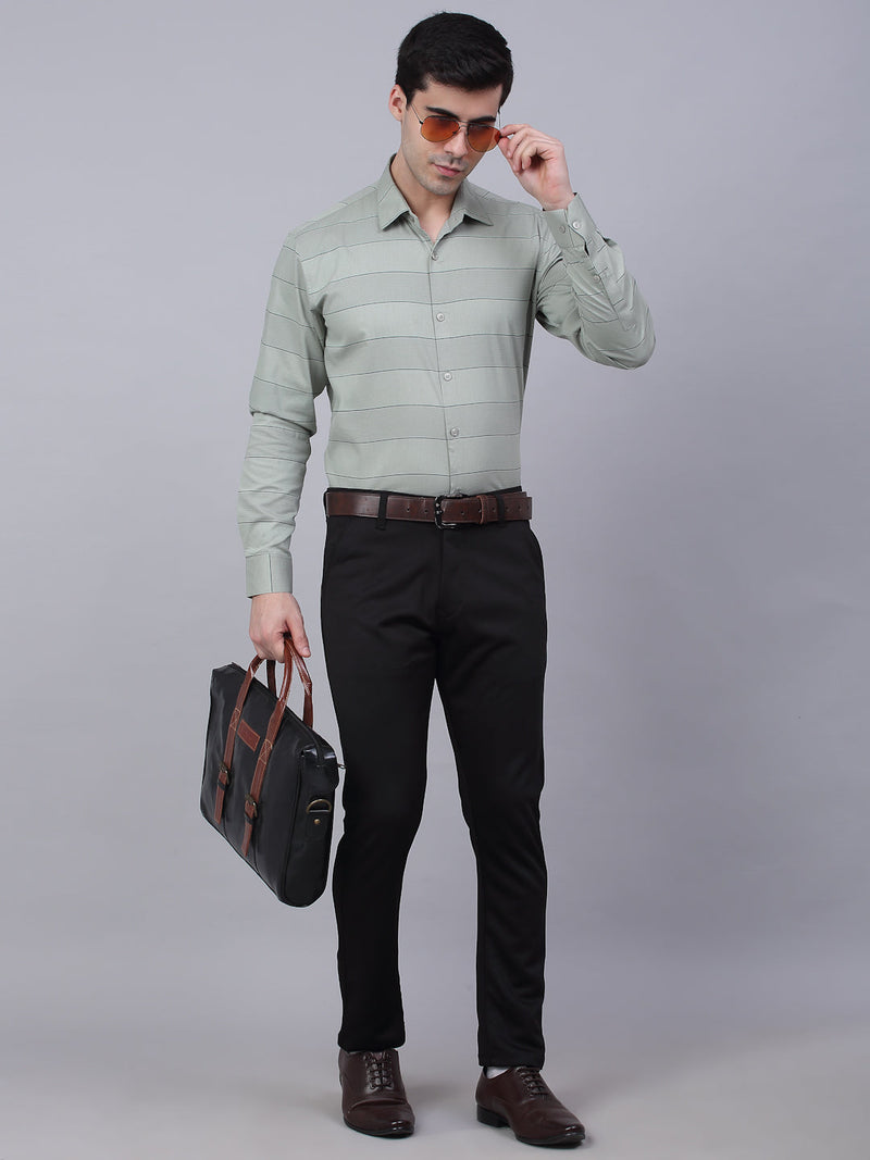 Men's Pista Green Horizontal Striped Formal Shirt