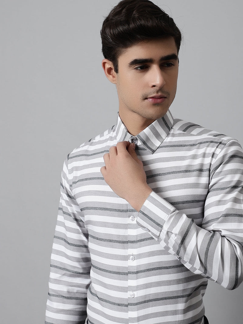 Men Grey Classic Horizontal Striped Formal Shirt