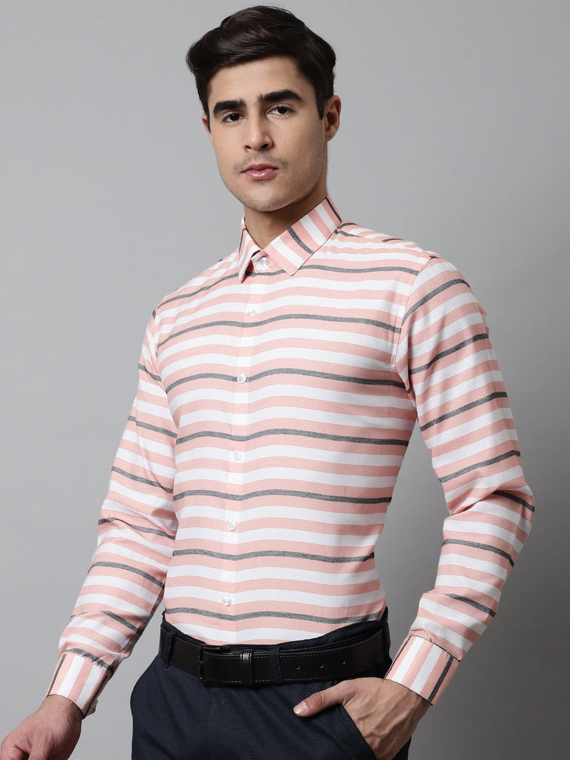 Men Peach Classic Horizontal Striped Formal Shirt