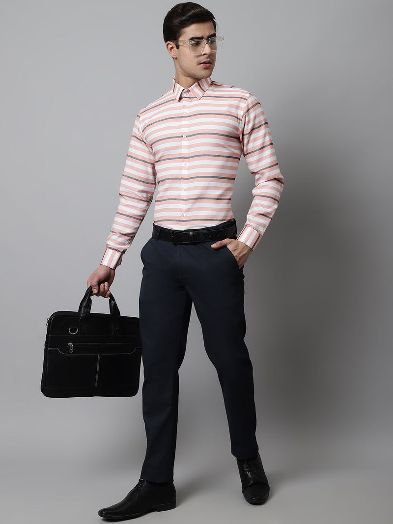 Men Peach Classic Horizontal Striped Formal Shirt