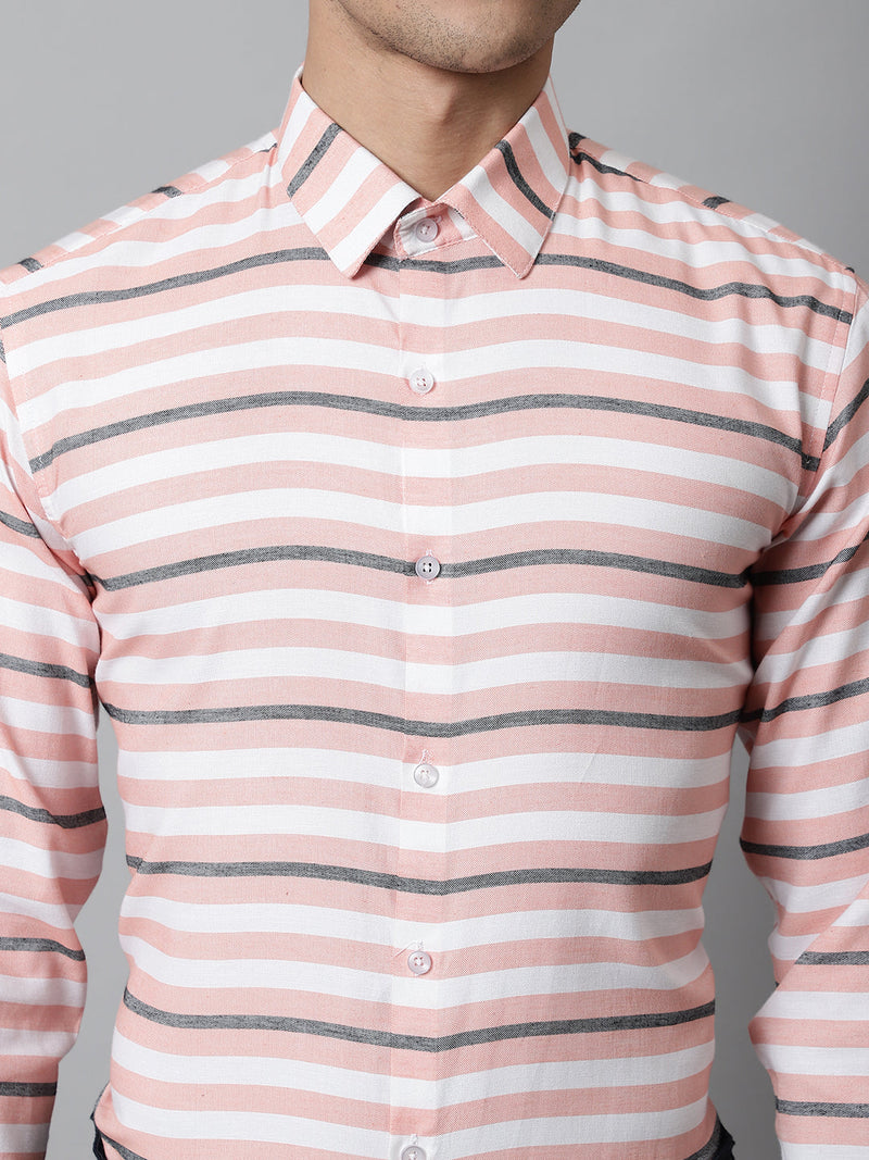 Men Peach Classic Horizontal Striped Formal Shirt