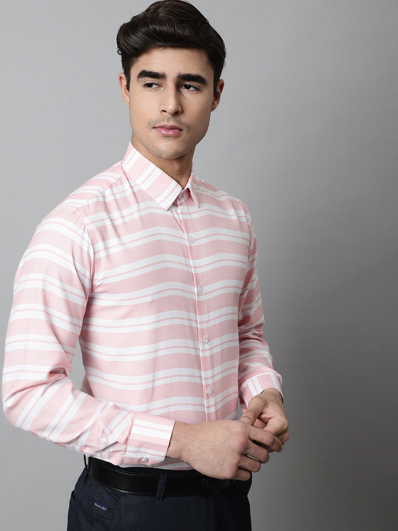 Men Peach Classic Horizontal Striped Formal Shirt