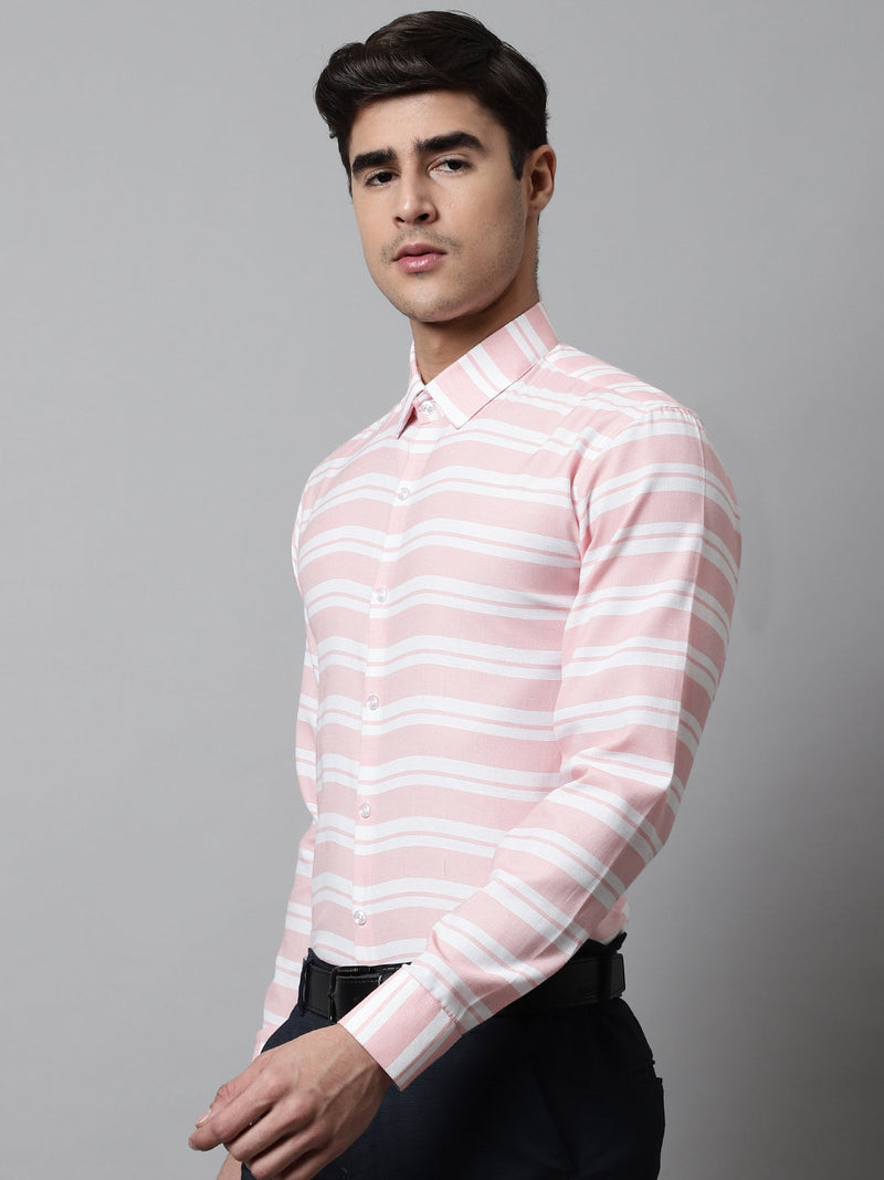 Men Peach Classic Horizontal Striped Formal Shirt