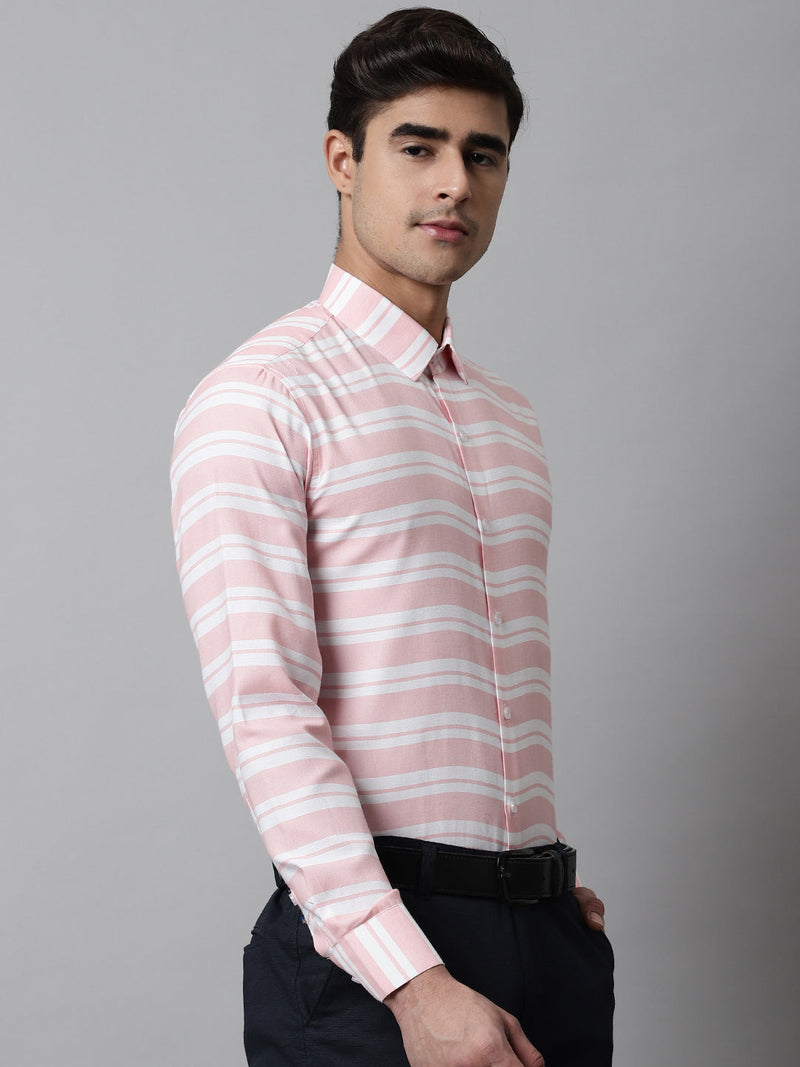 Men Peach Classic Horizontal Striped Formal Shirt