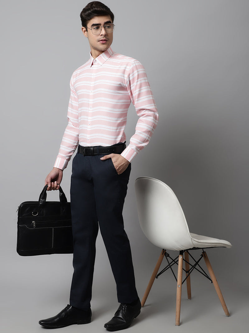 Men Peach Classic Horizontal Striped Formal Shirt