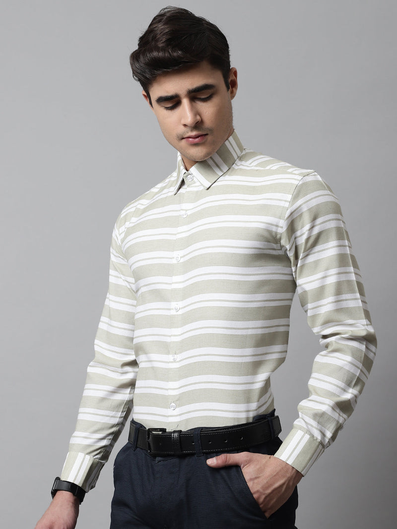 Men Pista Green Classic Horizontal Striped Formal Shirt