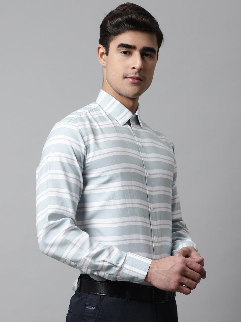 Men Sky Blue Classic Horizontal Striped Formal Shirt