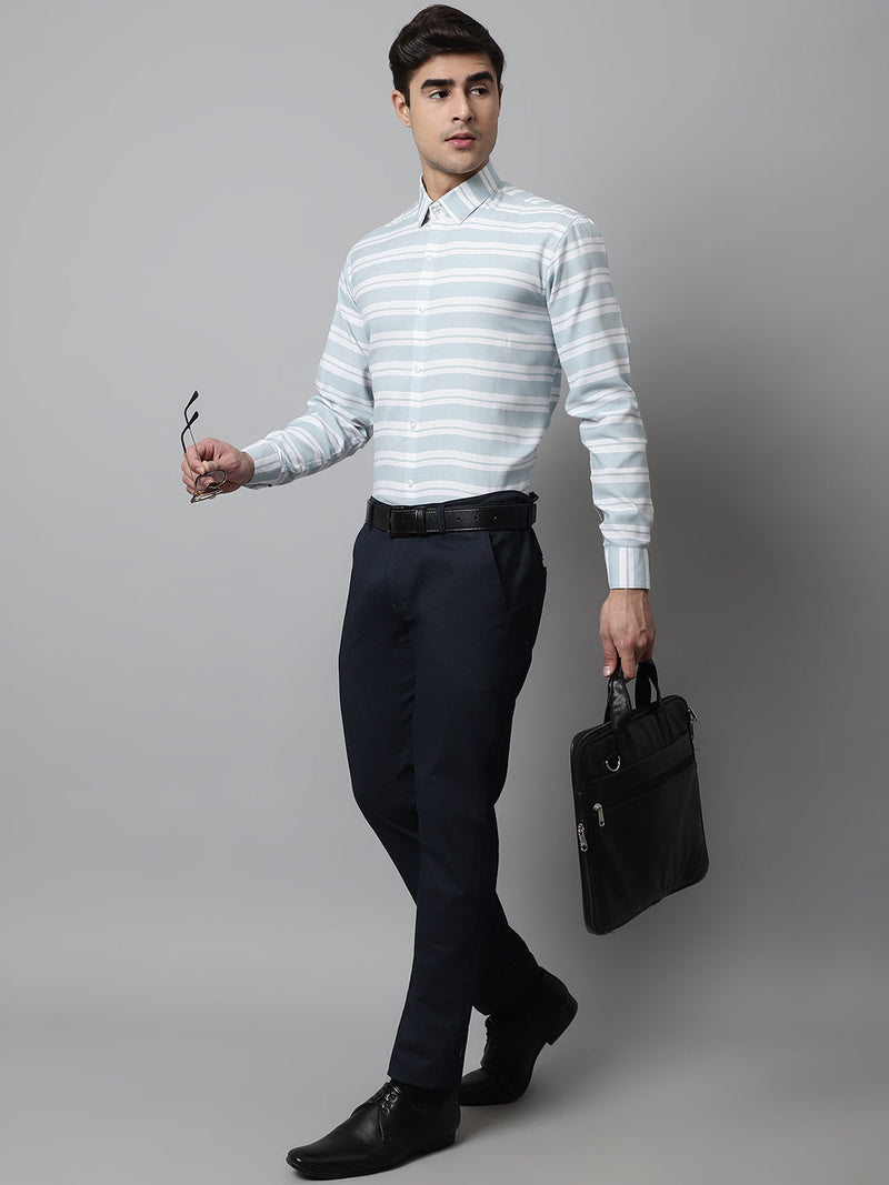 Men Sky Blue Classic Horizontal Striped Formal Shirt