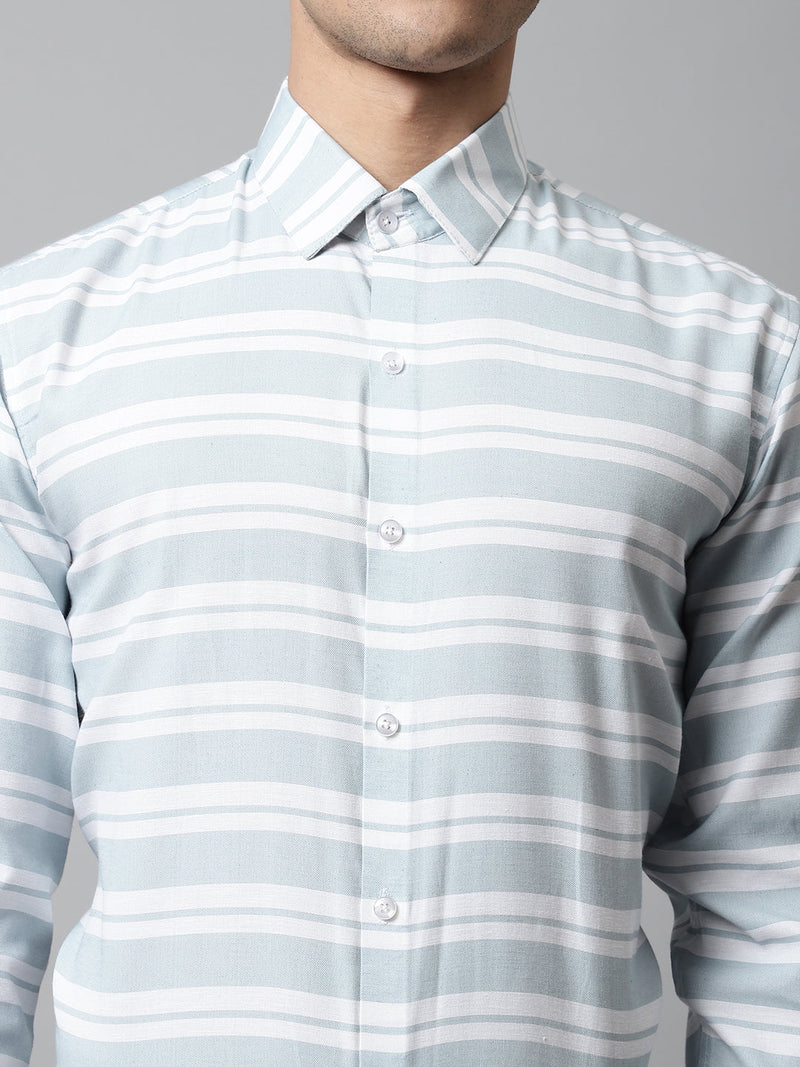 Men Sky Blue Classic Horizontal Striped Formal Shirt