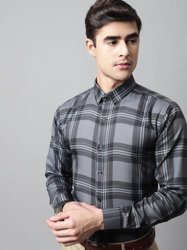 Men Charcoal Grey Checks Regular Fit Cotton Formal Shirt