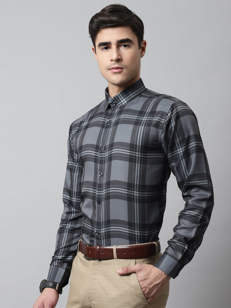 Men Charcoal Grey Checks Regular Fit Cotton Formal Shirt