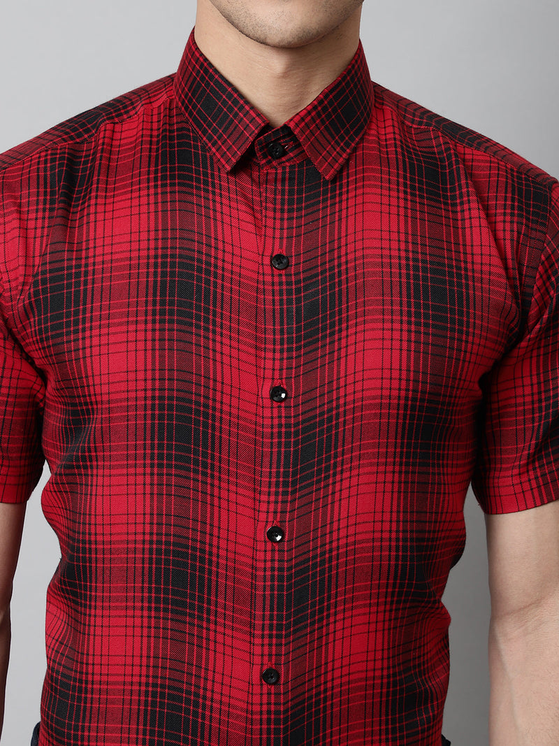 Men Red Checks Regular Fit Cotton Formal Shirt