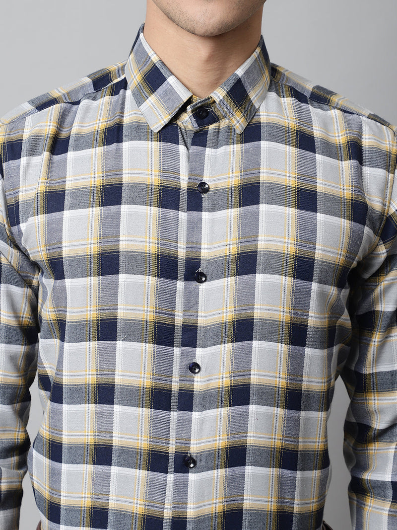 Men Navy Blue and  Grey Checks Regular Fit Cotton Formal Shirt