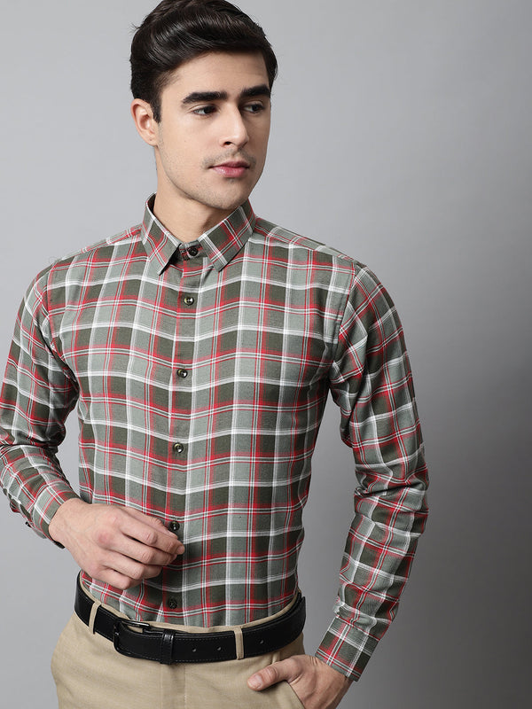 Men Olive and Red Checks Regular Fit Cotton Formal Shirt