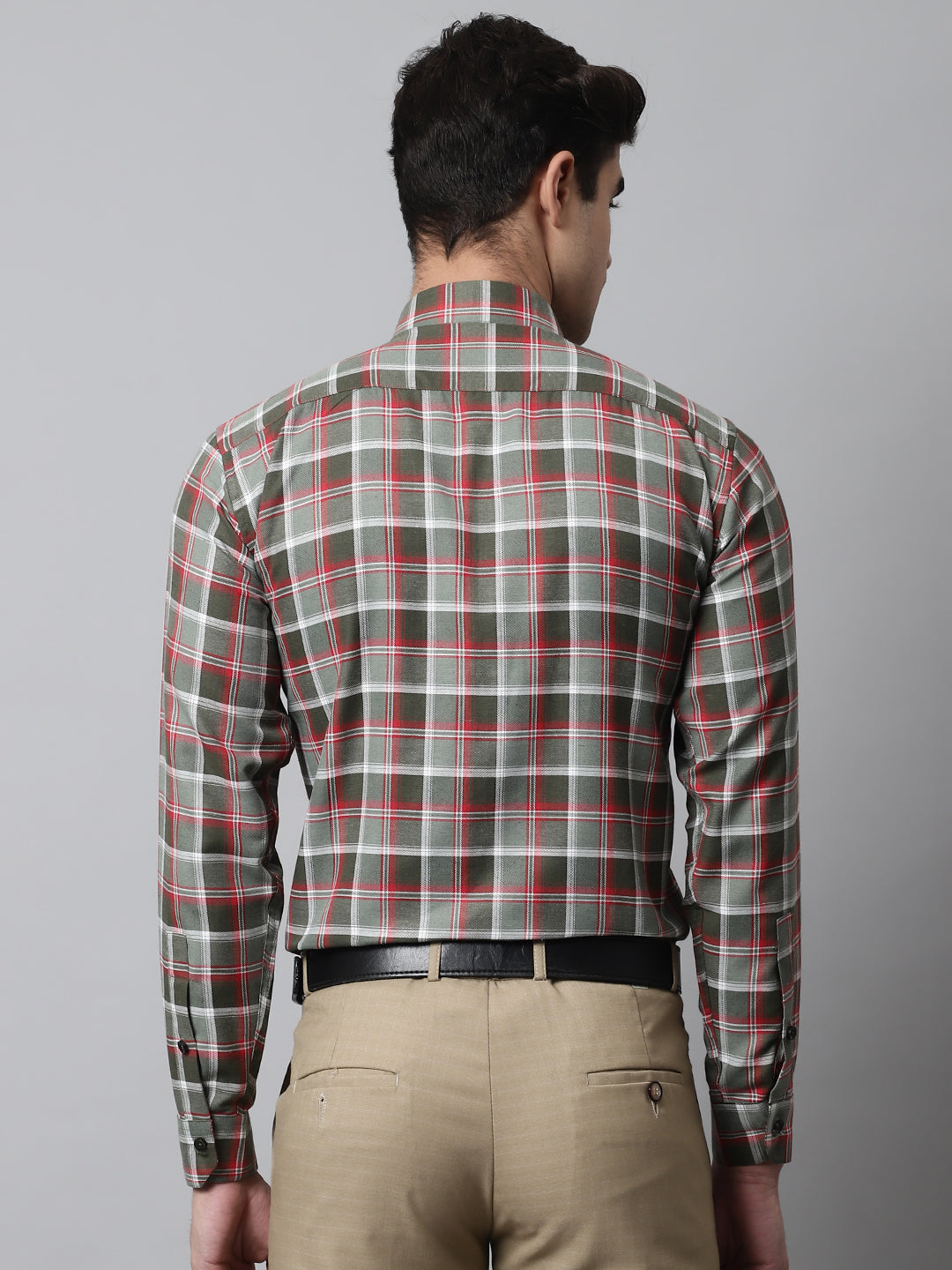 Men Olive and Red Checks Regular Fit Cotton Formal Shirt