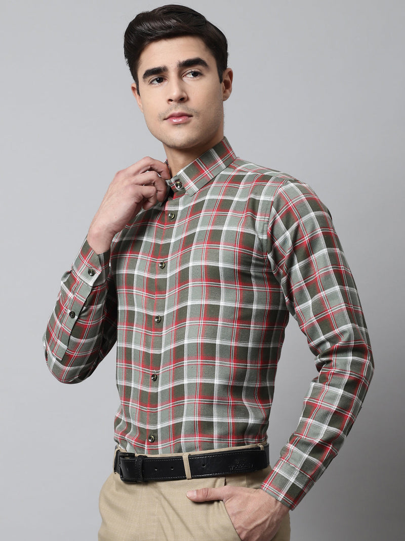 Men Olive and Red Checks Regular Fit Cotton Formal Shirt