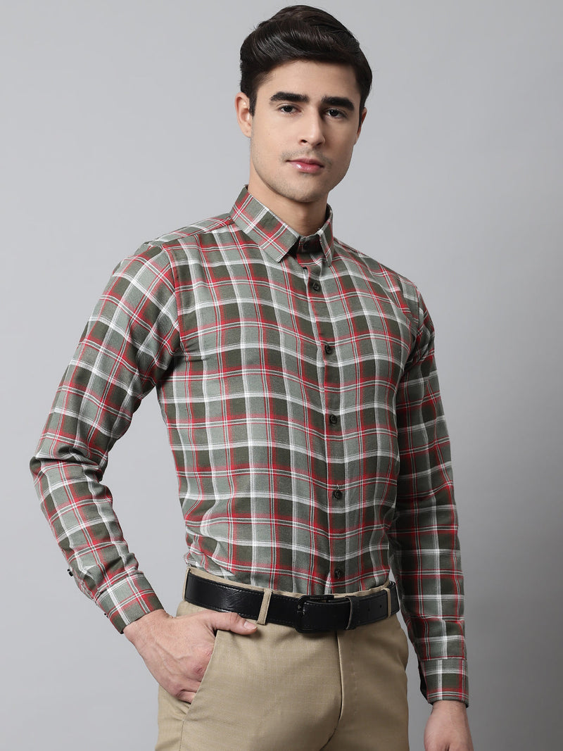 Men Olive and Red Checks Regular Fit Cotton Formal Shirt