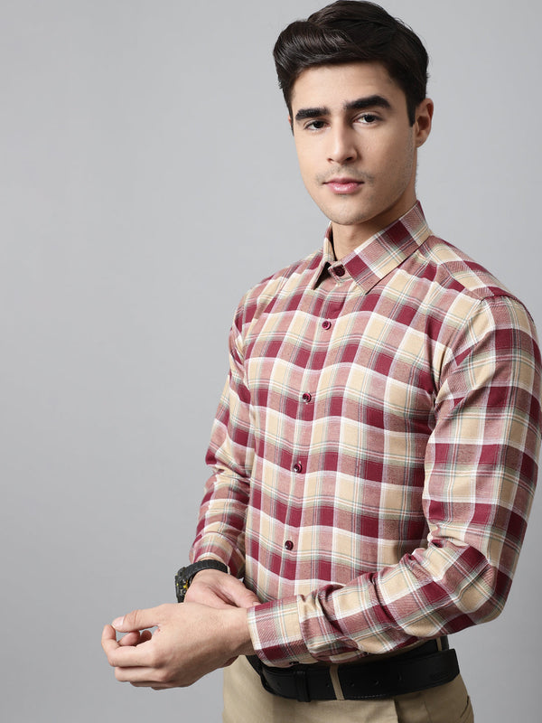 Men Red and Beige Checks Regular Fit Cotton Formal Shirt