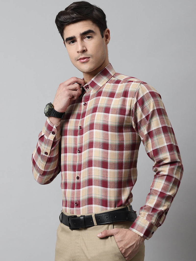 Men Red and Beige Checks Regular Fit Cotton Formal Shirt