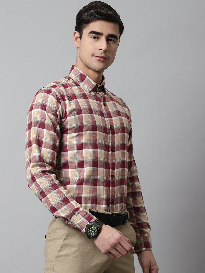 Men Red and Beige Checks Regular Fit Cotton Formal Shirt