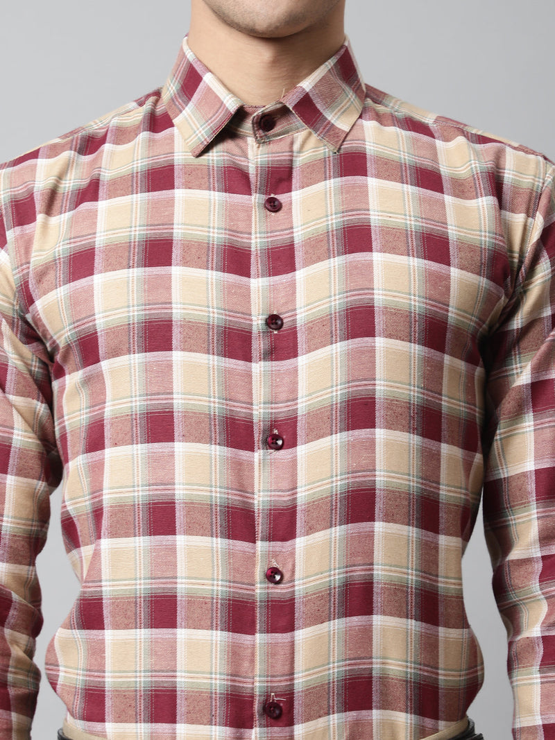 Men Red and Beige Checks Regular Fit Cotton Formal Shirt