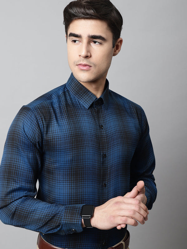 Men Peacock Blue Checks Regular Fit Cotton Formal Shirt