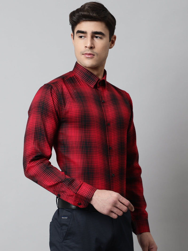 Men Red Checks Regular Fit Cotton Formal Shirt