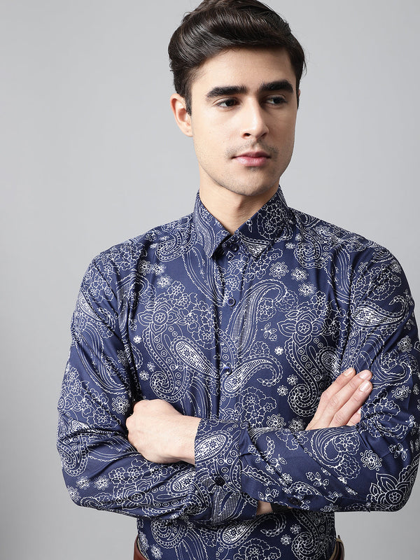 Men Navy Blue Classic Printed Formal Shirt