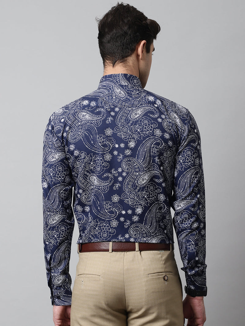 Men Navy Blue Classic Printed Formal Shirt