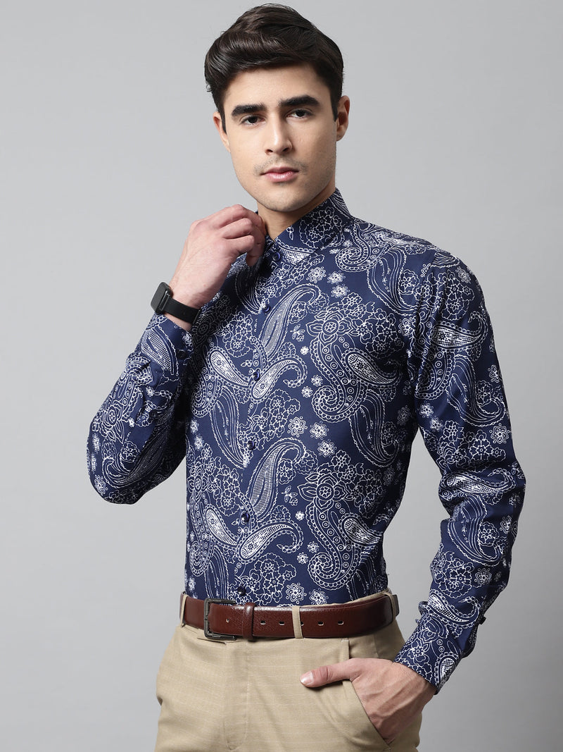 Men Navy Blue Classic Printed Formal Shirt