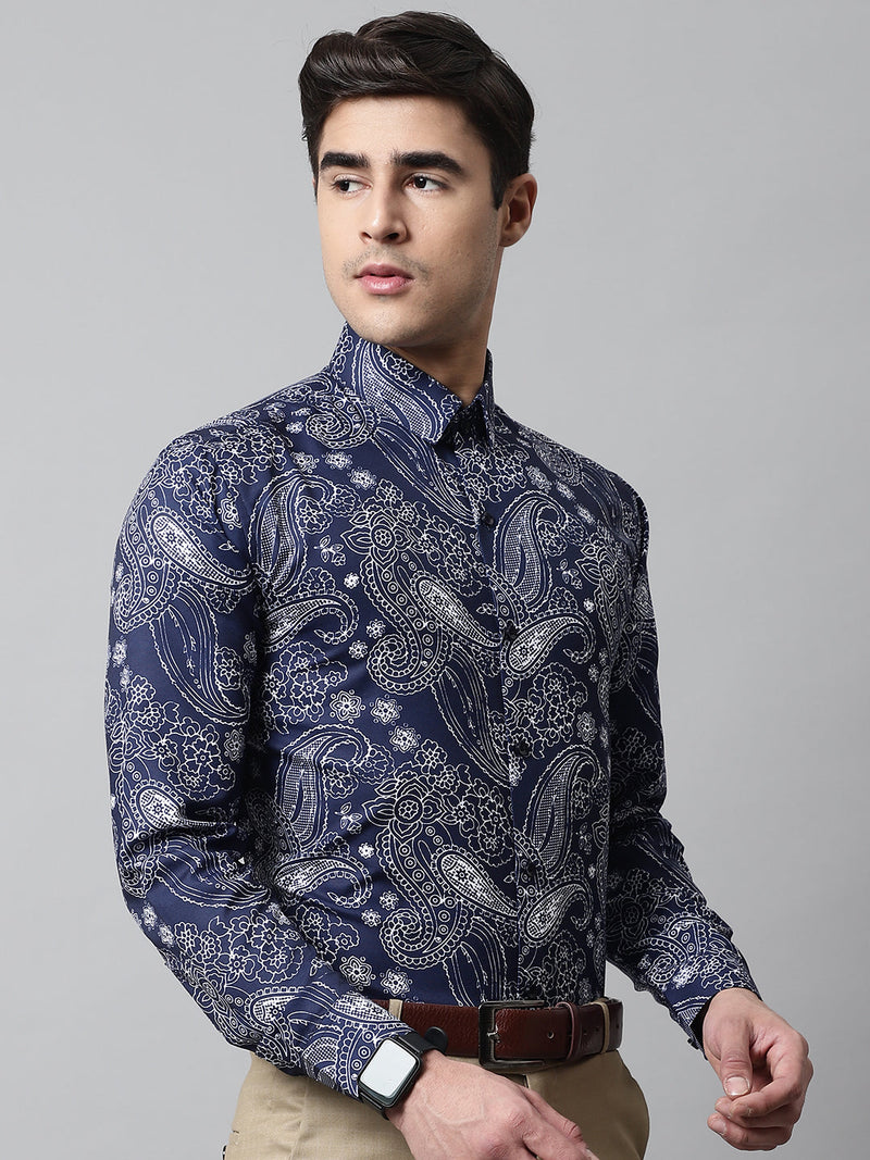 Men Navy Blue Classic Printed Formal Shirt