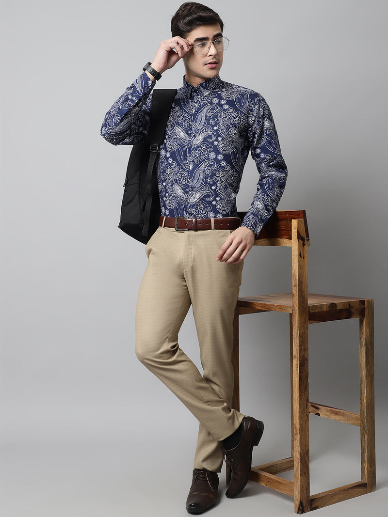 Men Navy Blue Classic Printed Formal Shirt