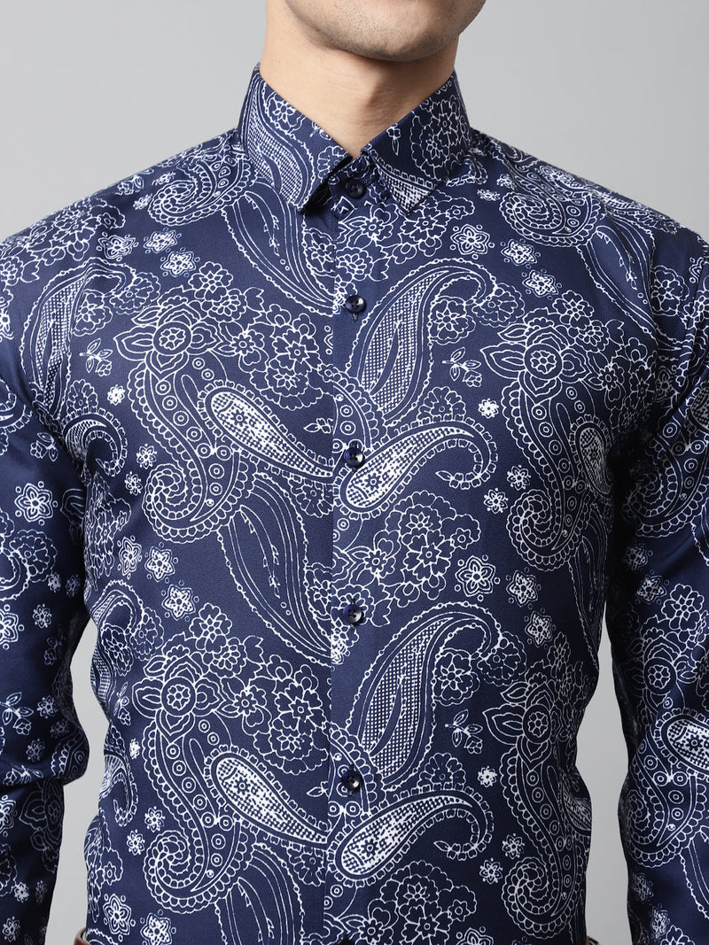 Men Navy Blue Classic Printed Formal Shirt