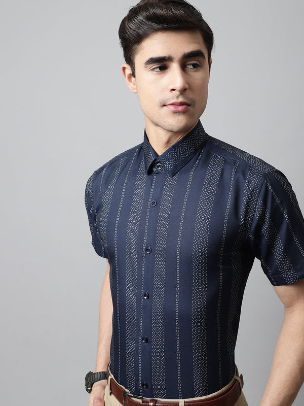 Men Navy Blue Classic Printed Formal Shirt