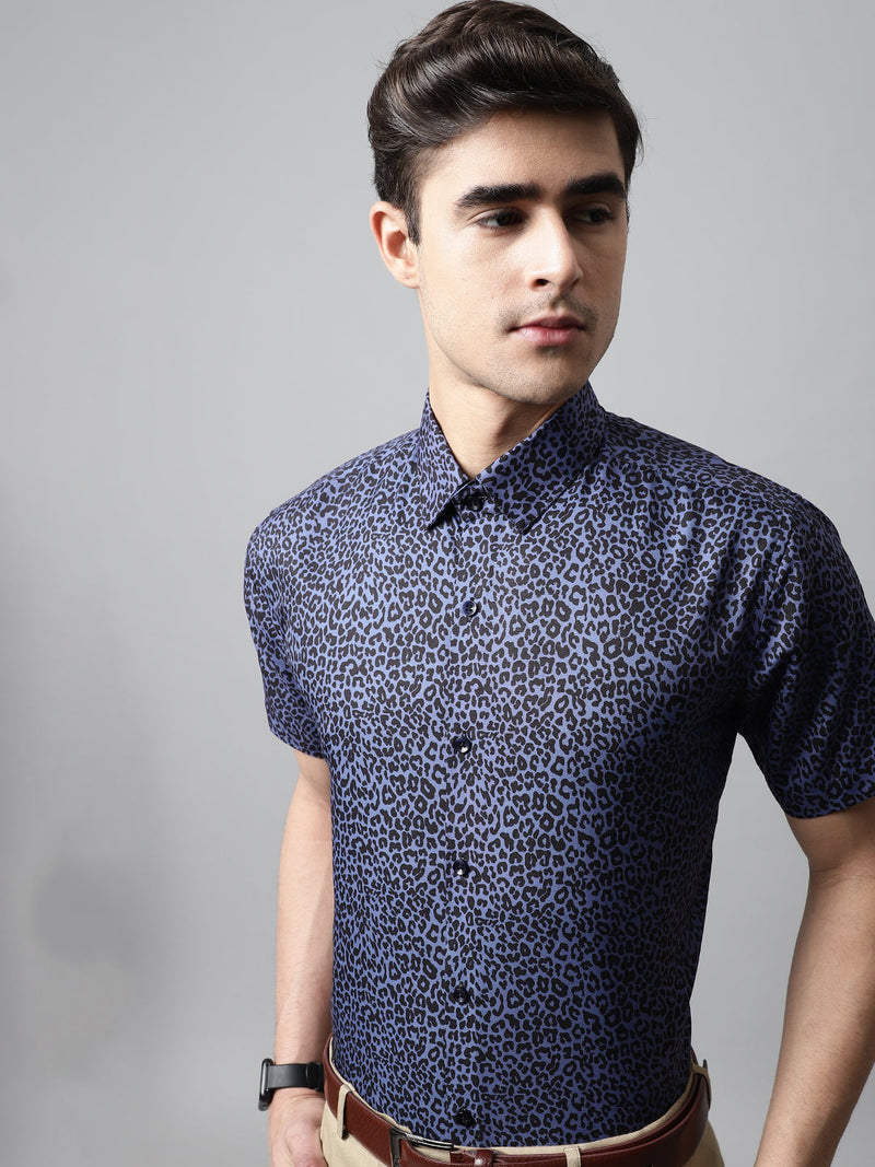 Men Navy Blue Classic Printed Formal Shirt