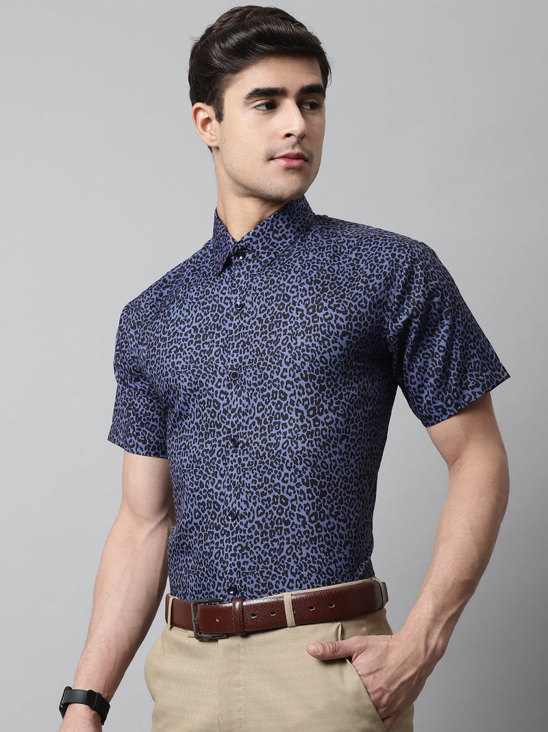 Men Navy Blue Classic Printed Formal Shirt