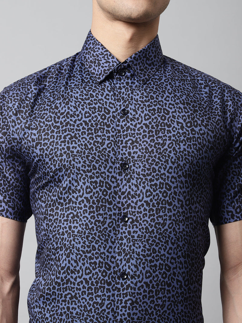 Men Navy Blue Classic Printed Formal Shirt