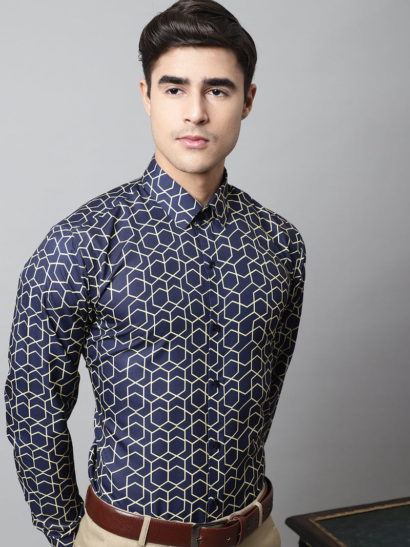 Men Navy Blue Classic Printed Formal Shirt