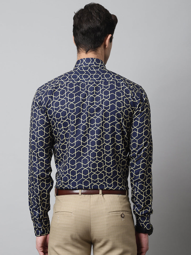 Men Navy Blue Classic Printed Formal Shirt