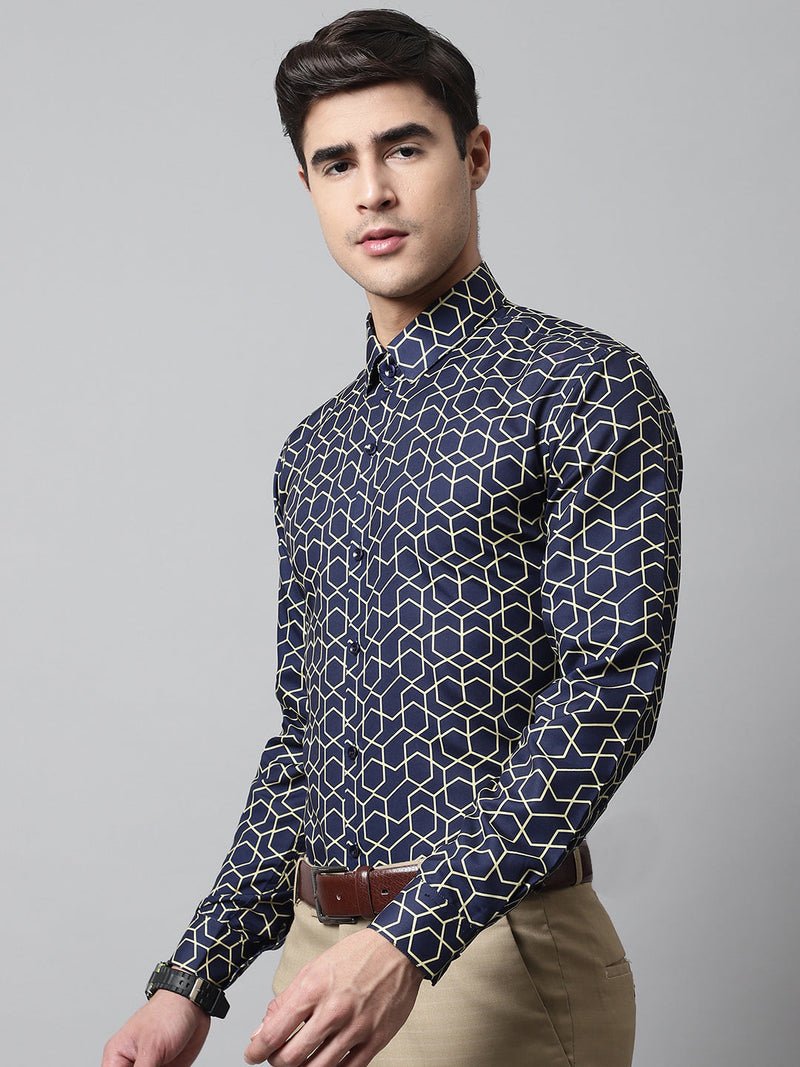 Men Navy Blue Classic Printed Formal Shirt