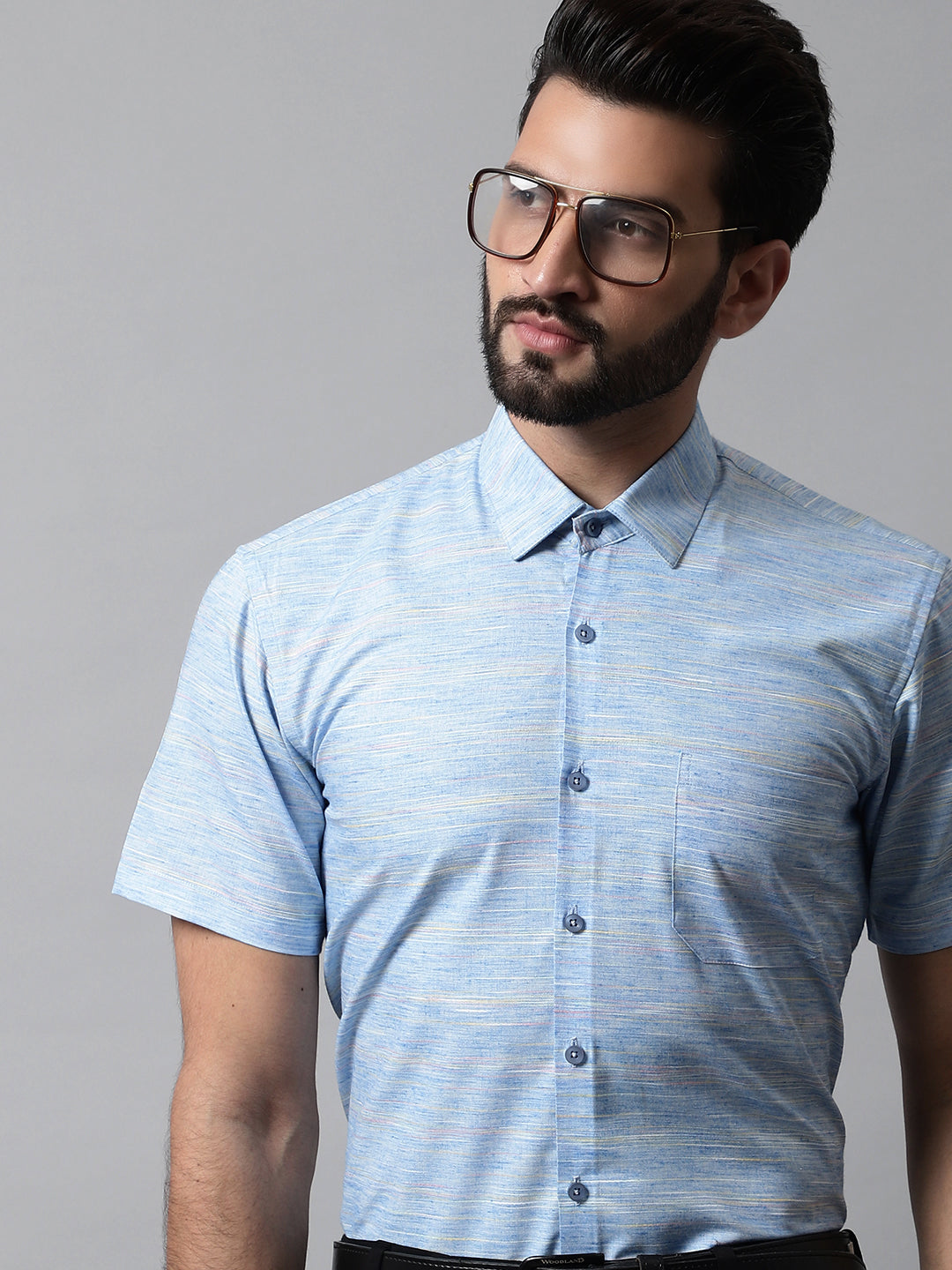 Men Blue Woven Design Short Sleeves Formal Shirt ( SF 864Blue )