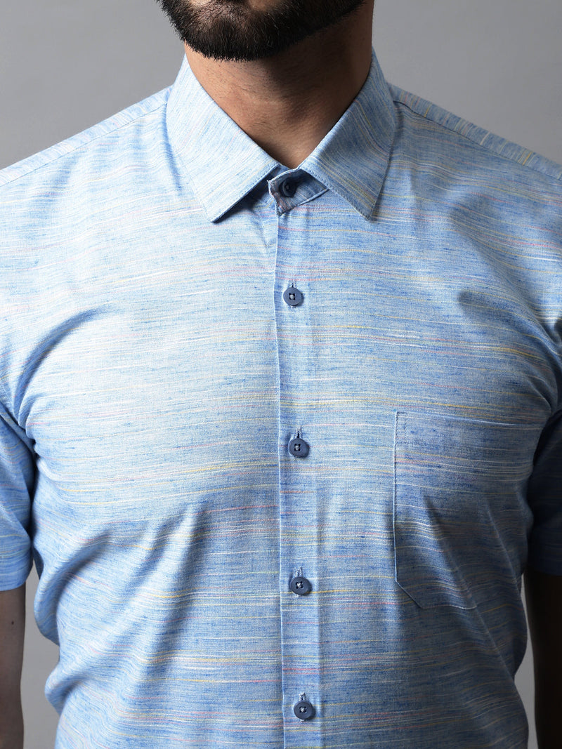 Men Blue Woven Design Short Sleeves Formal Shirt ( SF 864Blue )