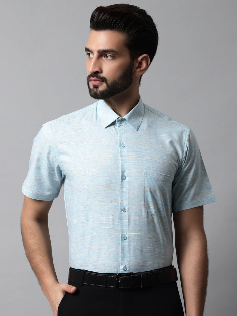 Men Sky Blue Woven Design Short Sleeves Formal Shirt ( SF 864Sky )