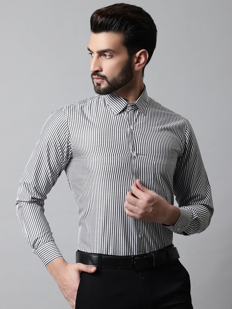 Men Black & White Regular Fit Striped Formal Shirt