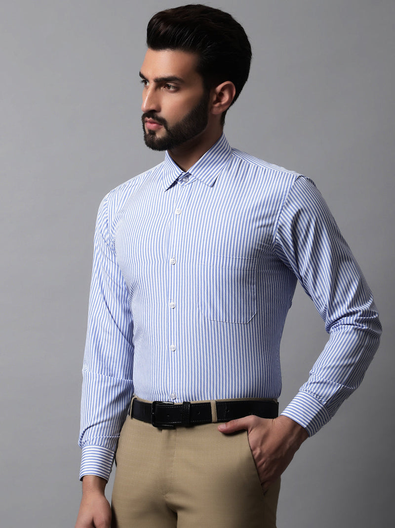 Men Blue & White Regular Fit Striped Formal Shirt