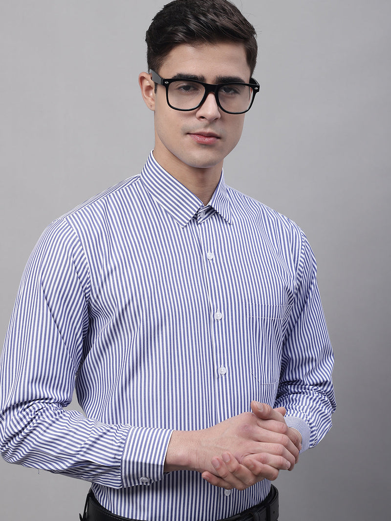 Men Navy Blue & White Regular Fit Striped Formal Shirt