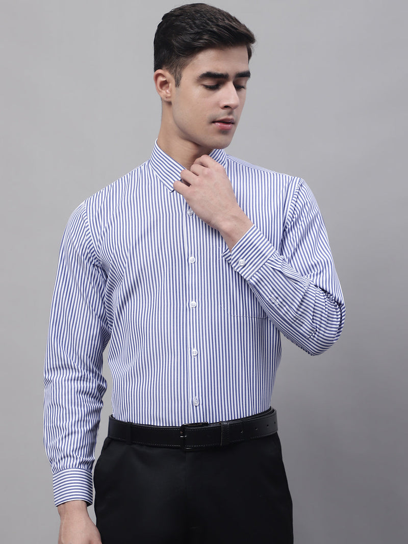 Men Navy Blue & White Regular Fit Striped Formal Shirt