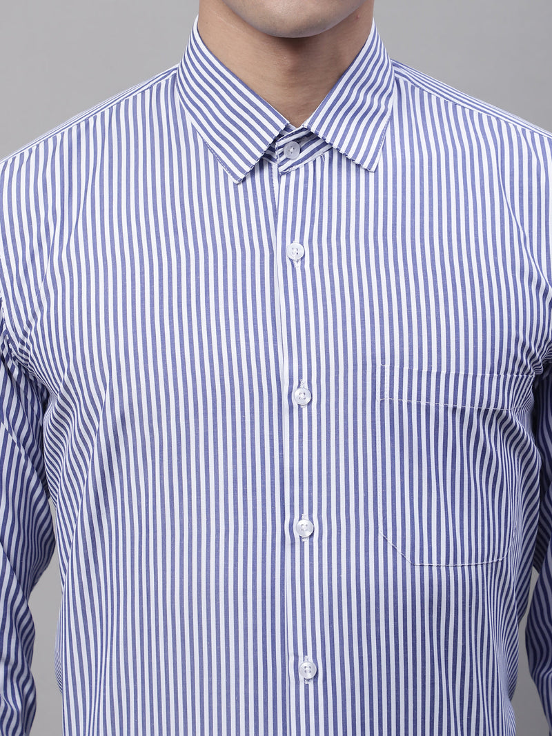 Men Navy Blue & White Regular Fit Striped Formal Shirt