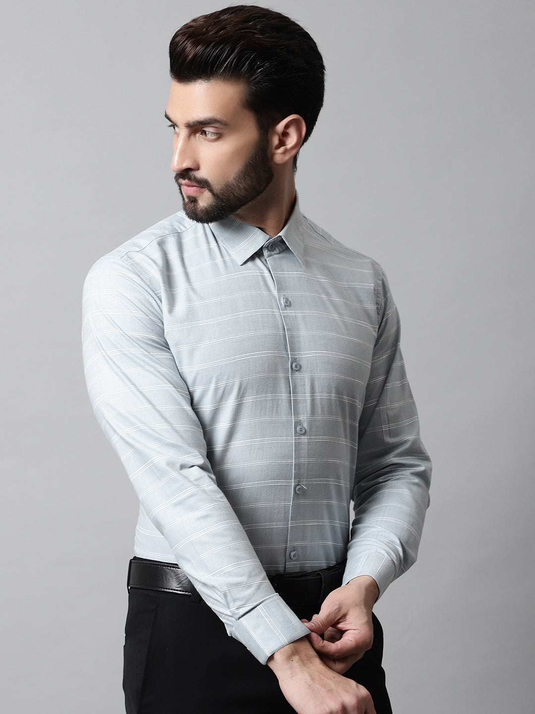 Men Grey Classic Striped Formal Cotton Shirt